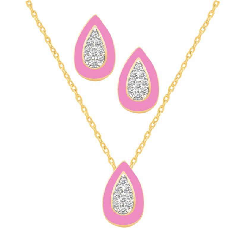 PINK Enamel Pear shape Earrings Pear shape Pendant Box Set in 17 Inch Chain + 2in Extender