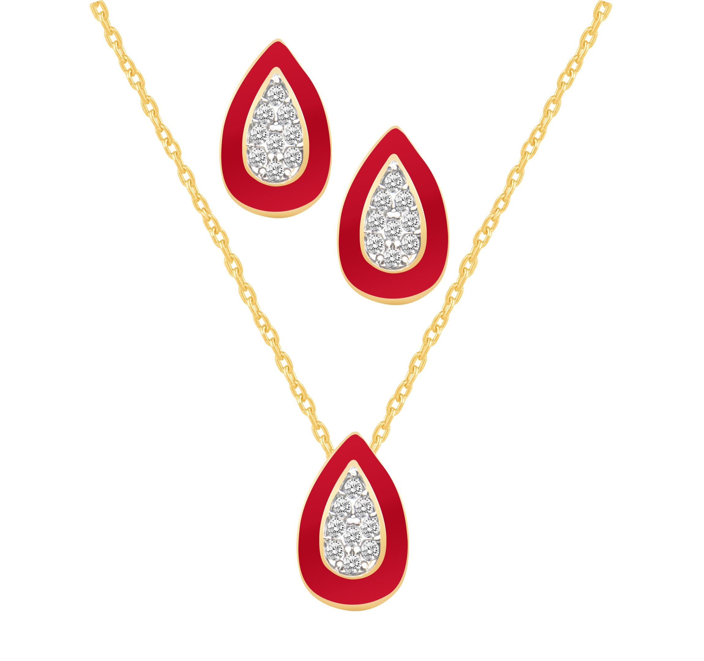 Red Enamel Pear Shape Earrings and Necklace Set 