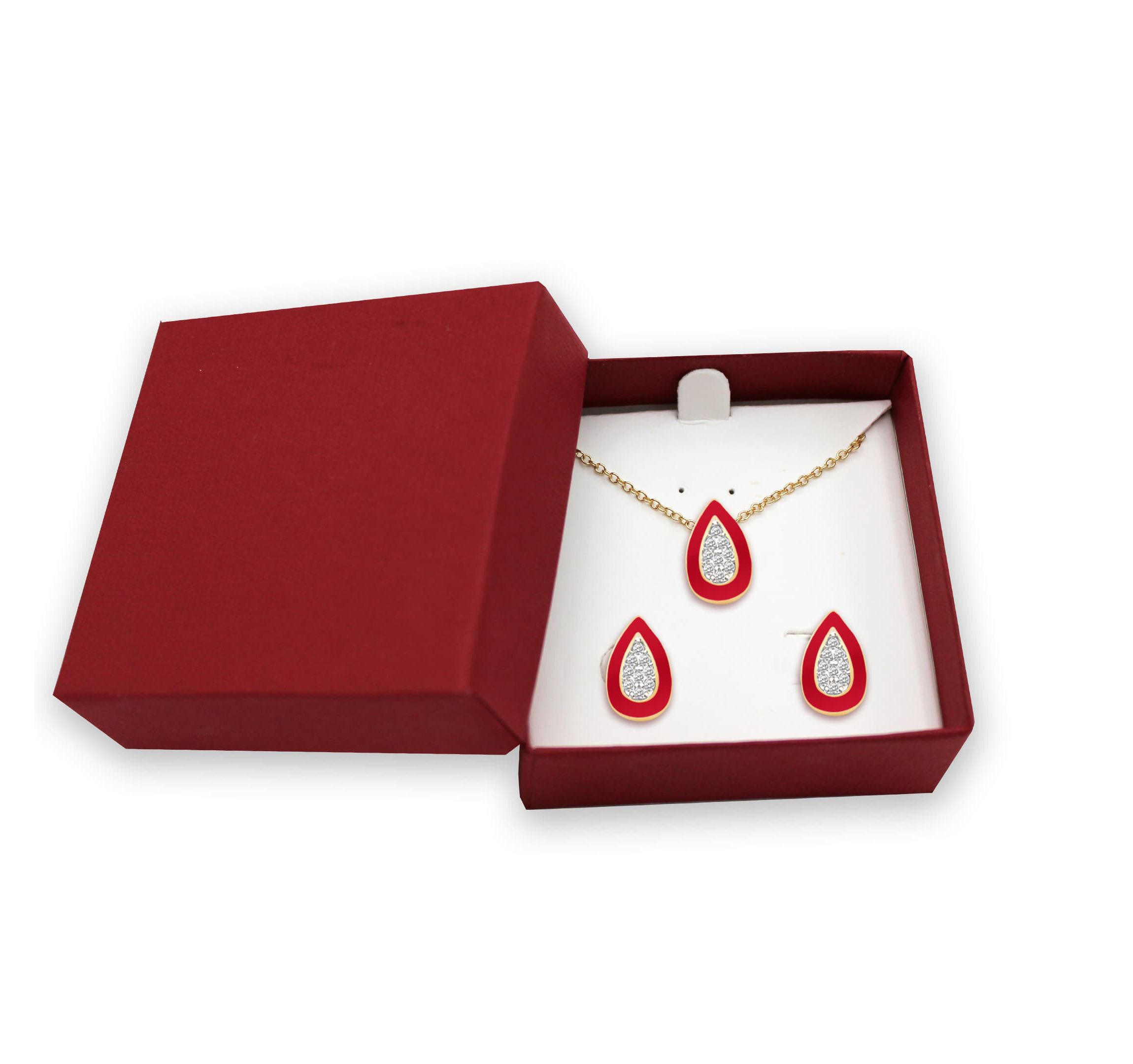 Red Enamel Pear Shape Earrings and Necklace Set 
