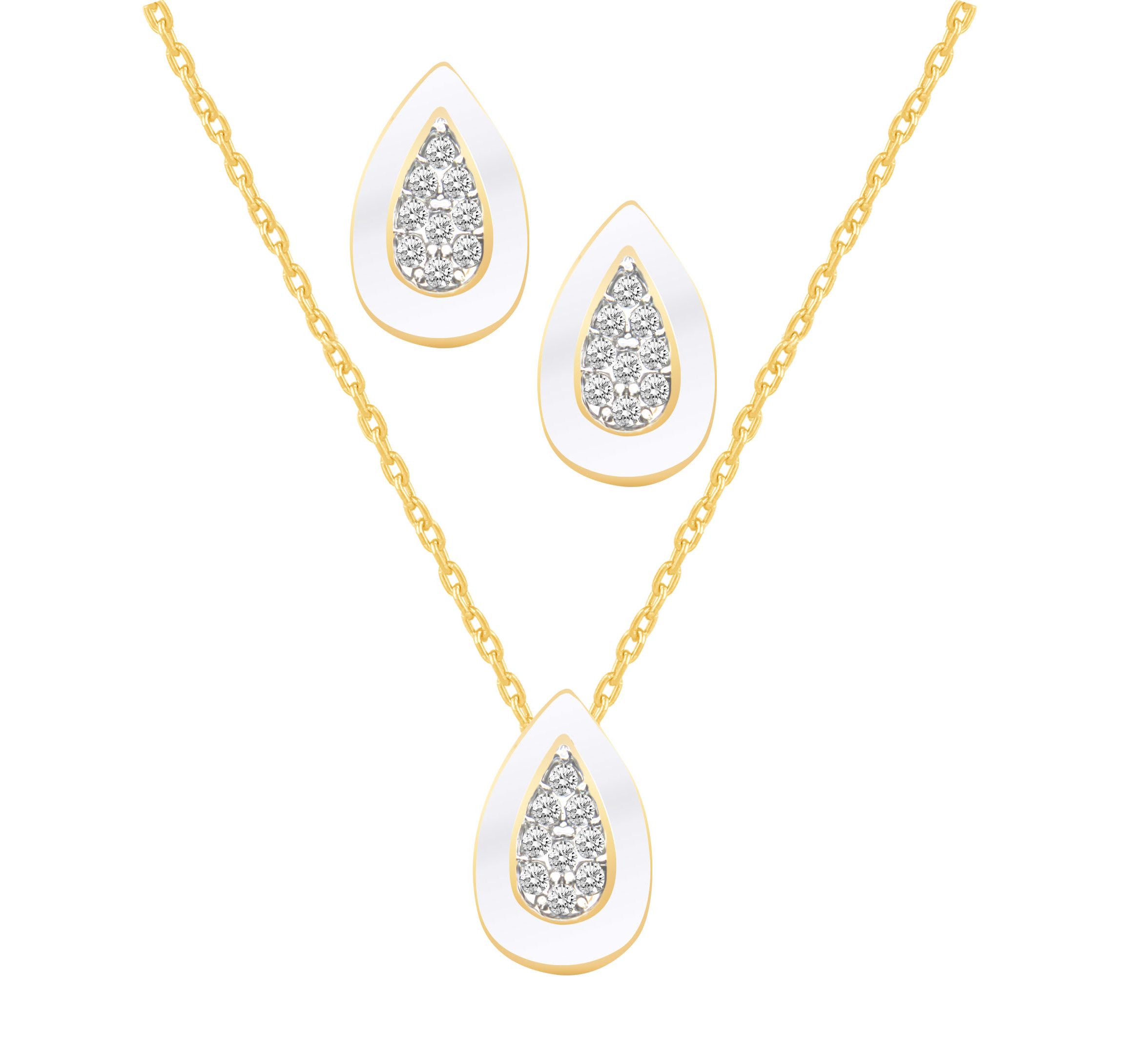 White Enamel Pear Shape Earrings and Pendant Set