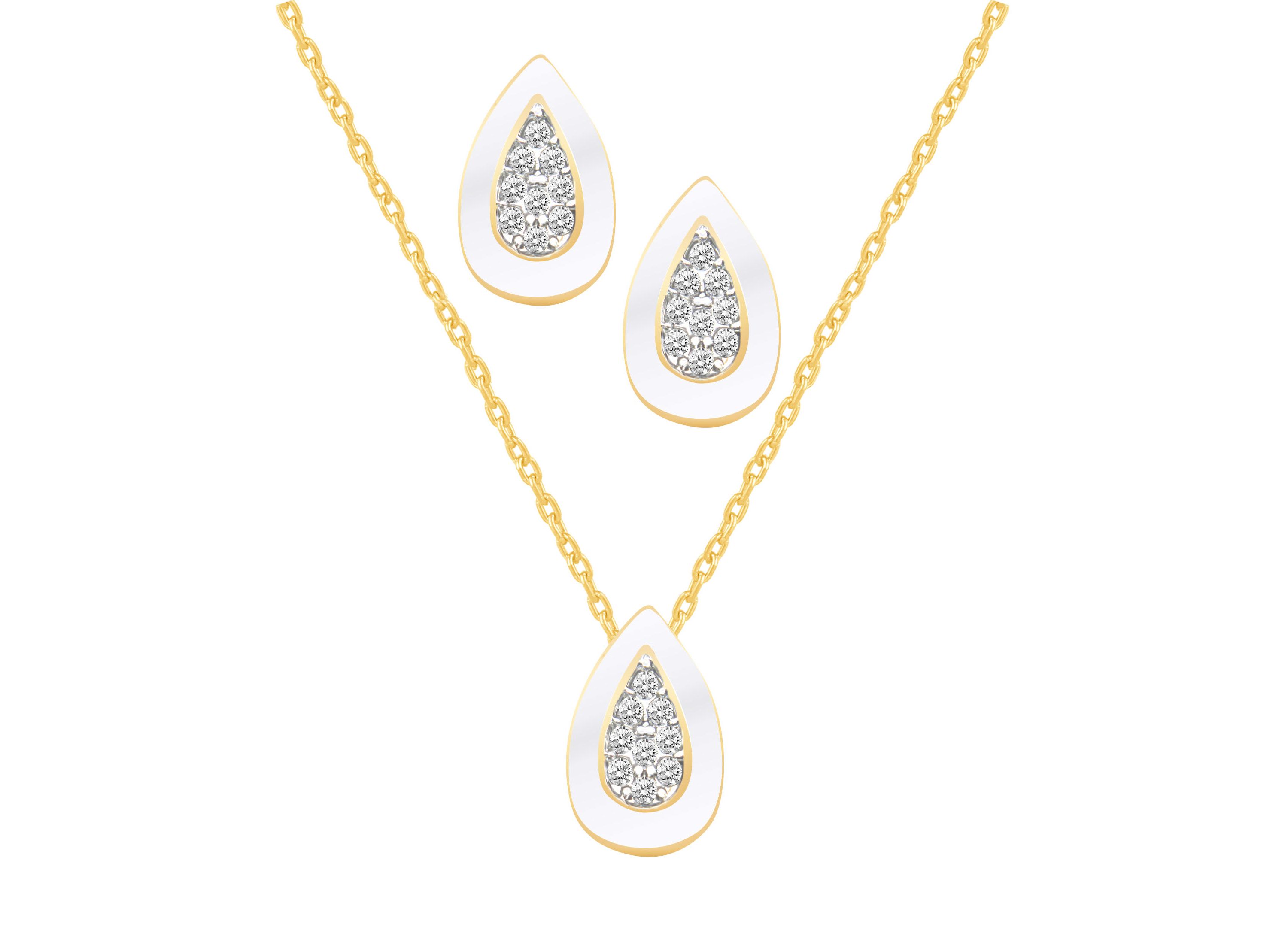 White Enamel Pear Shape Earrings and Pendant Set