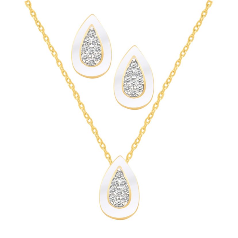 White Enamel Pear Shape Earrings and Pendant Set