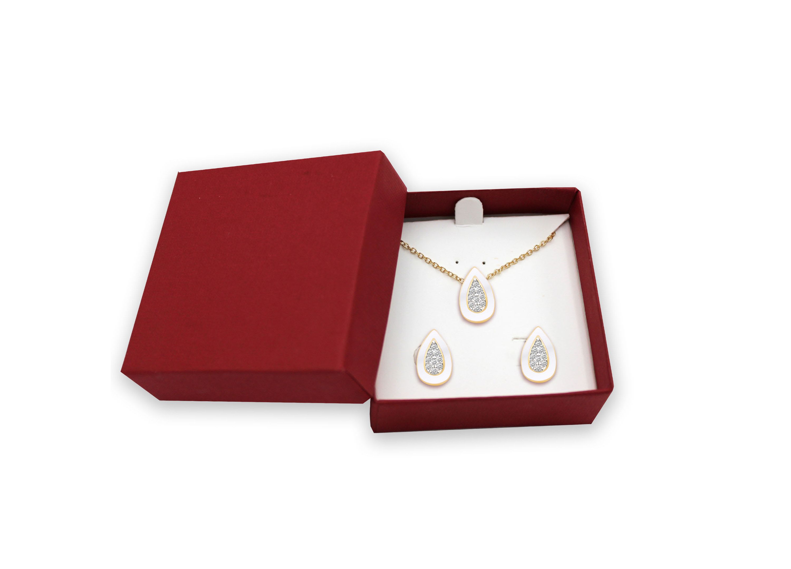 White Enamel Pear Shape Earrings and Pendant Set
