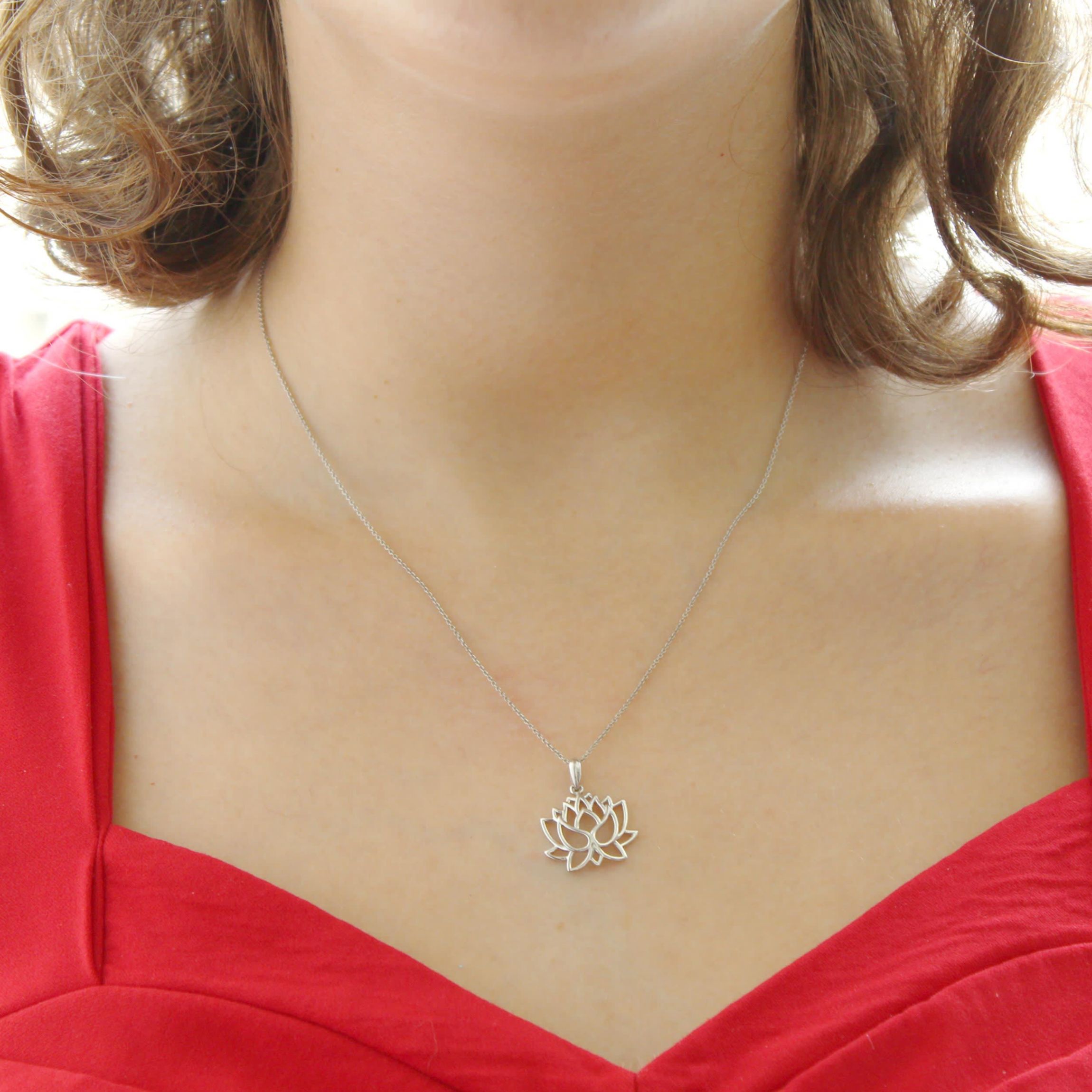 Open Lotus Flower Charm Necklace Pendant in 925 Sterling Silver
