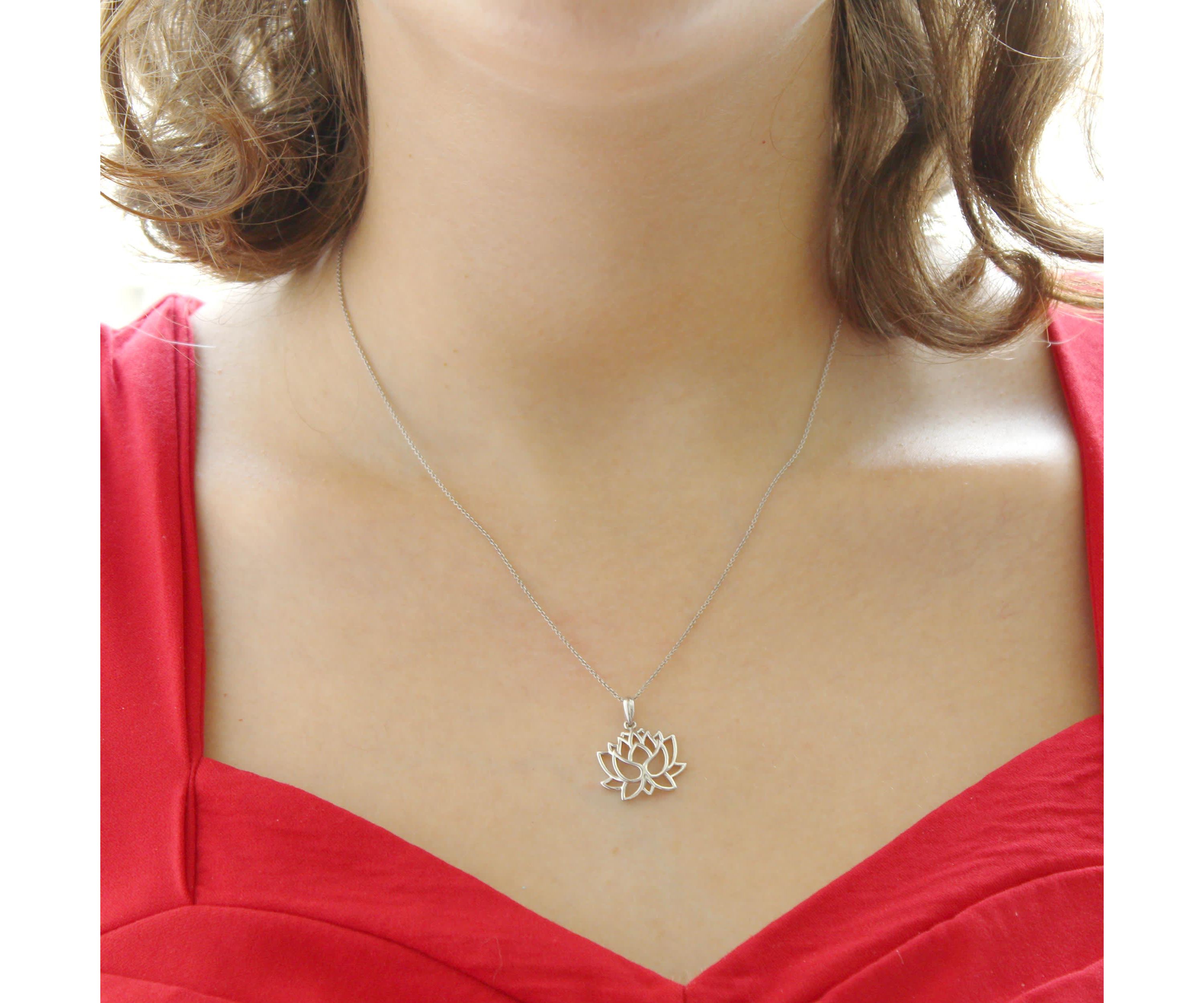 Open Lotus Flower Charm Necklace Pendant in 925 Sterling Silver