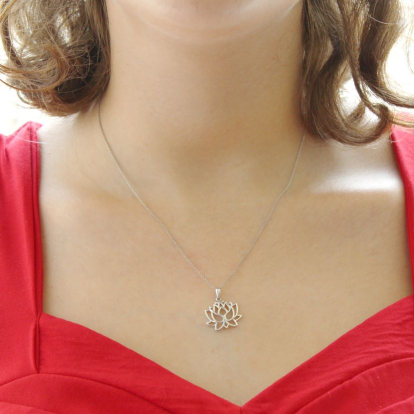 Open Lotus Flower Charm Necklace Pendant in 925 Sterling Silver