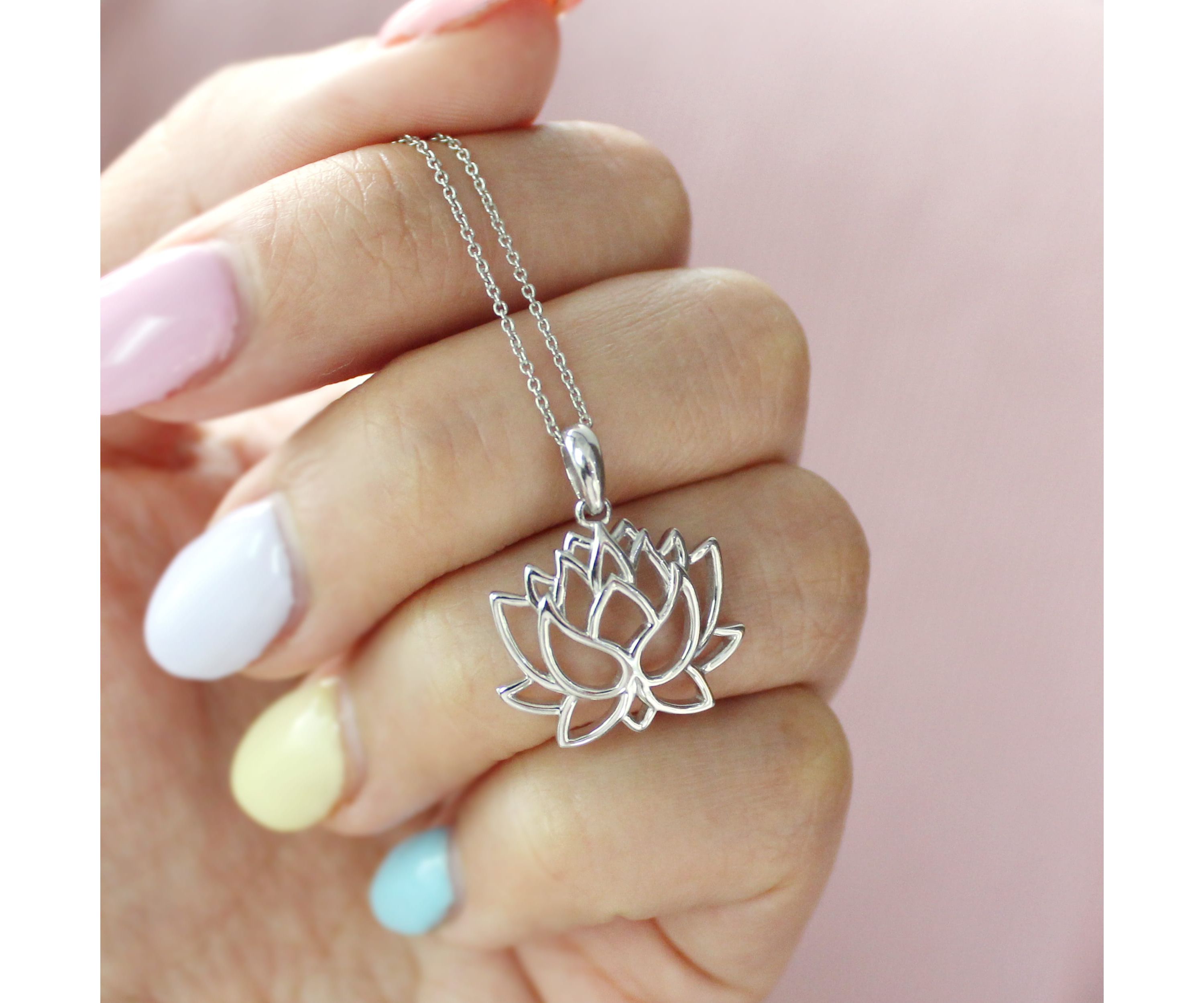 Open Lotus Flower Charm Necklace Pendant in 925 Sterling Silver