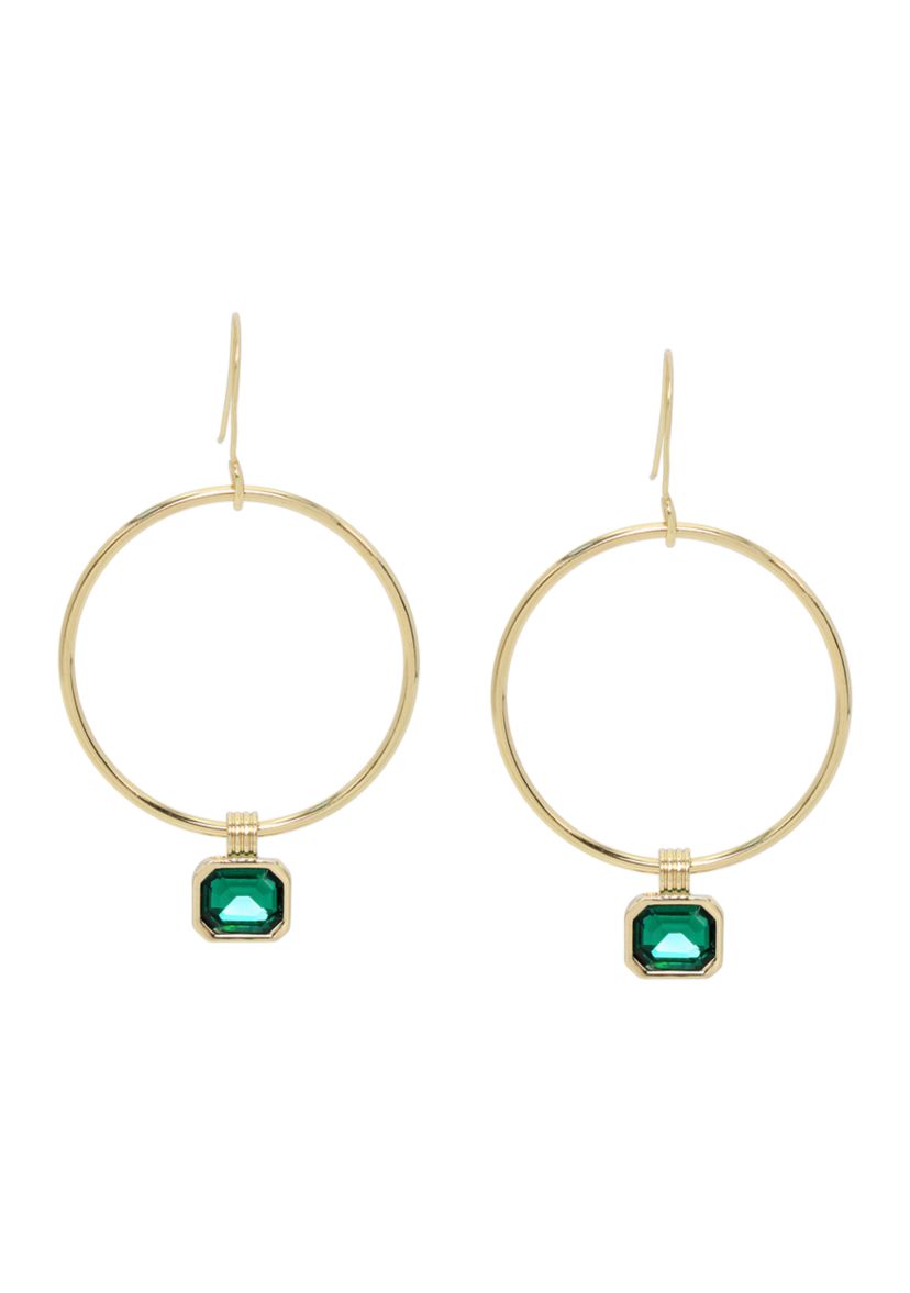 Gold Tone Stone Gem Charm Hoop Earrings