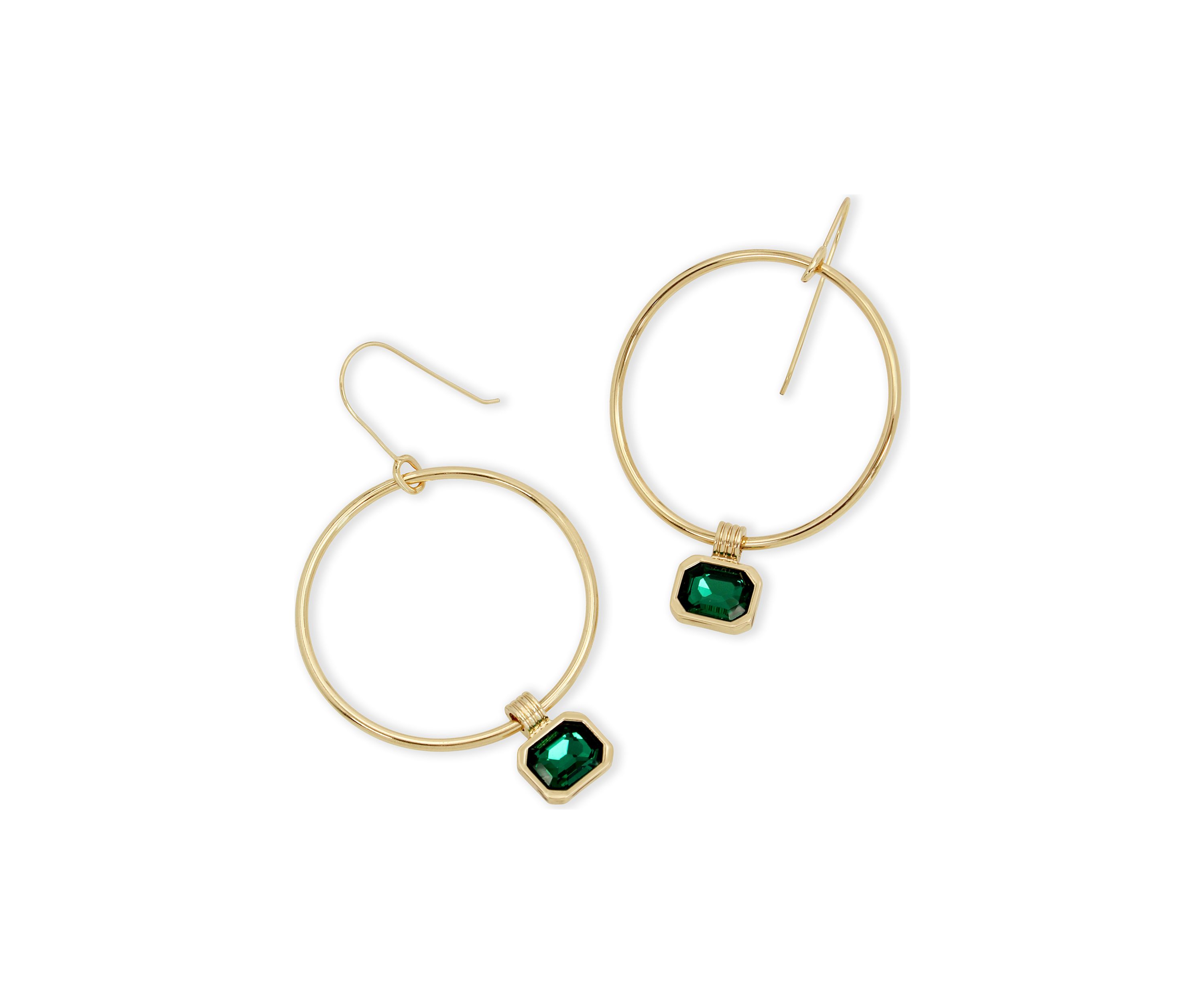 Gold Tone Stone Gem Charm Hoop Earrings