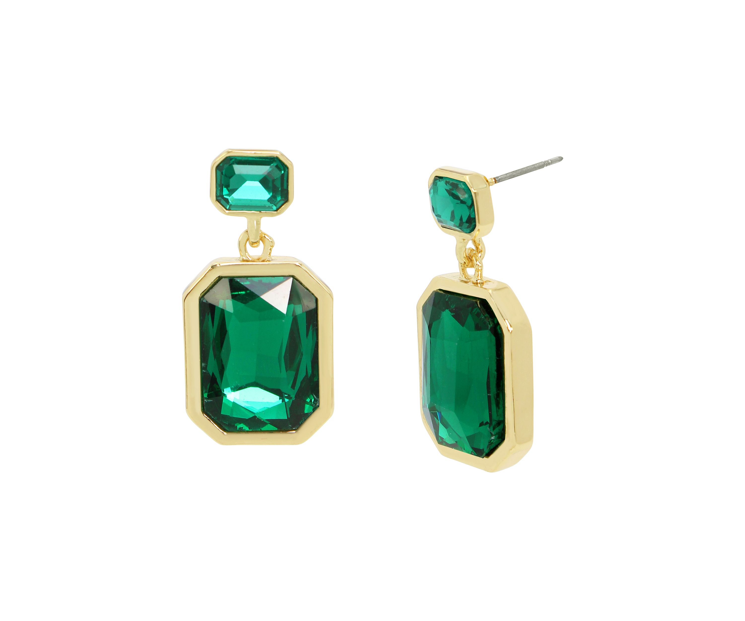 Gold Tone Stone Gem Double Drop Earrings