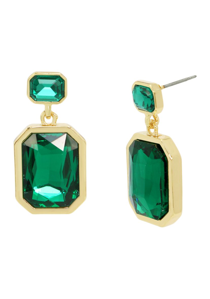 Gold Tone Stone Gem Double Drop Earrings