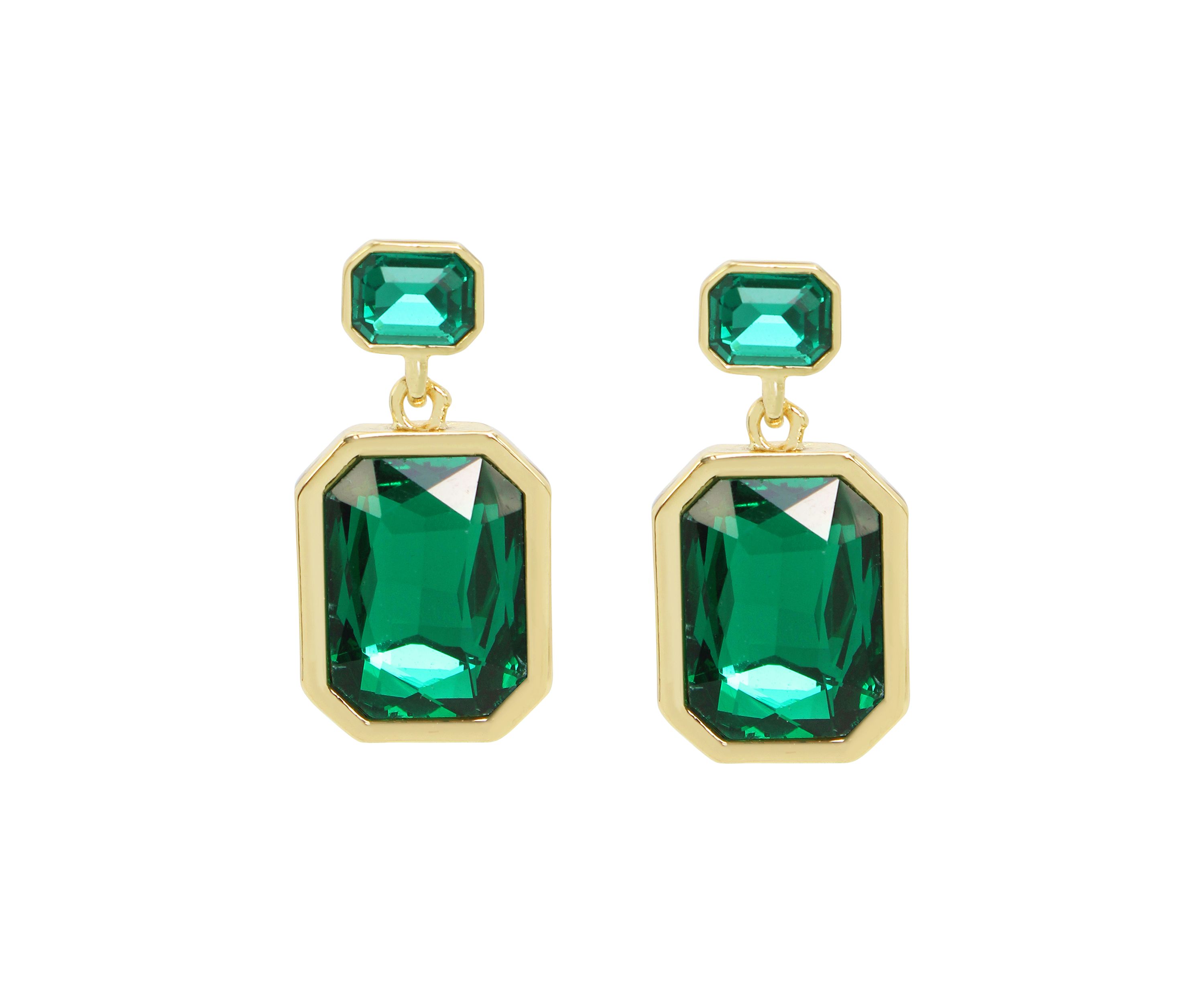 Gold Tone Stone Gem Double Drop Earrings
