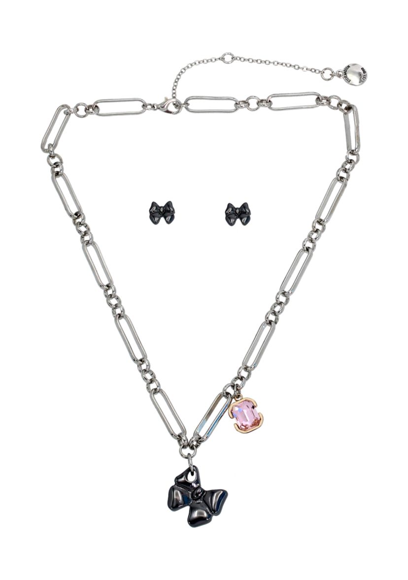 Puffy Bow Charm Necklace and Earring Set