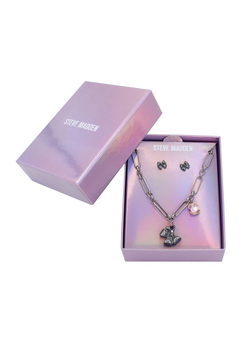 Puffy Bow Charm Necklace and Earring Set