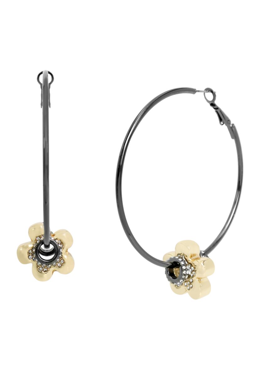 Puffy Flower Charm Hoop Earrings