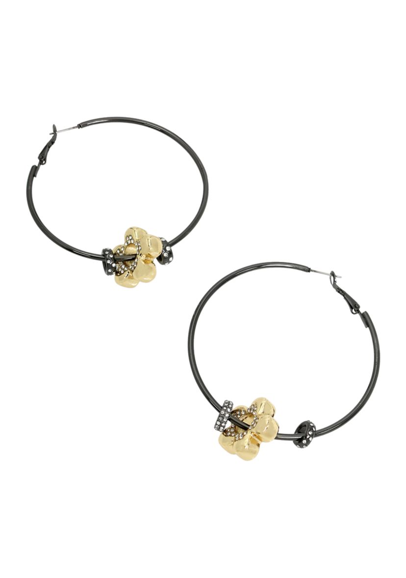 Puffy Flower Charm Hoop Earrings