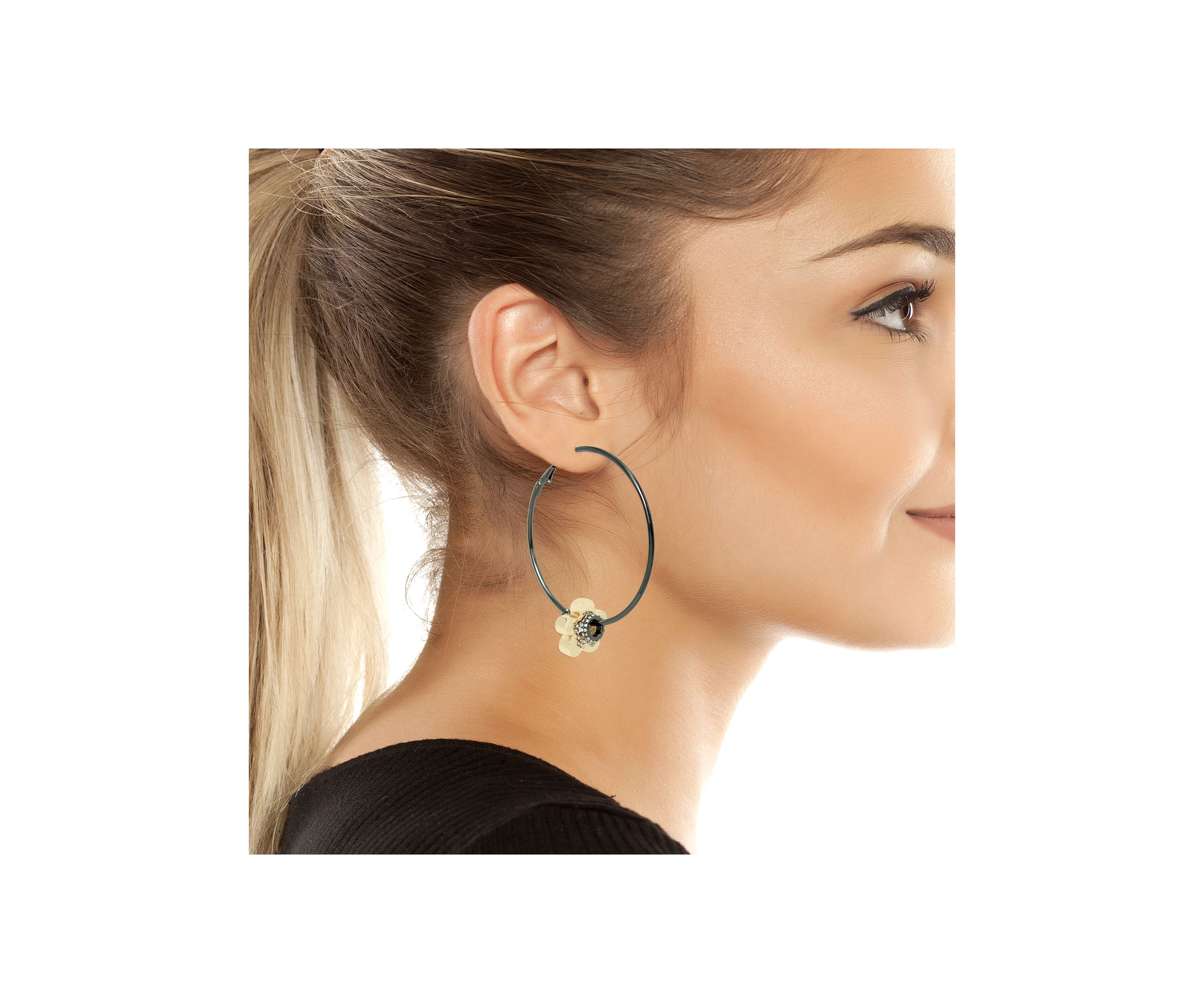 Puffy Flower Charm Hoop Earrings