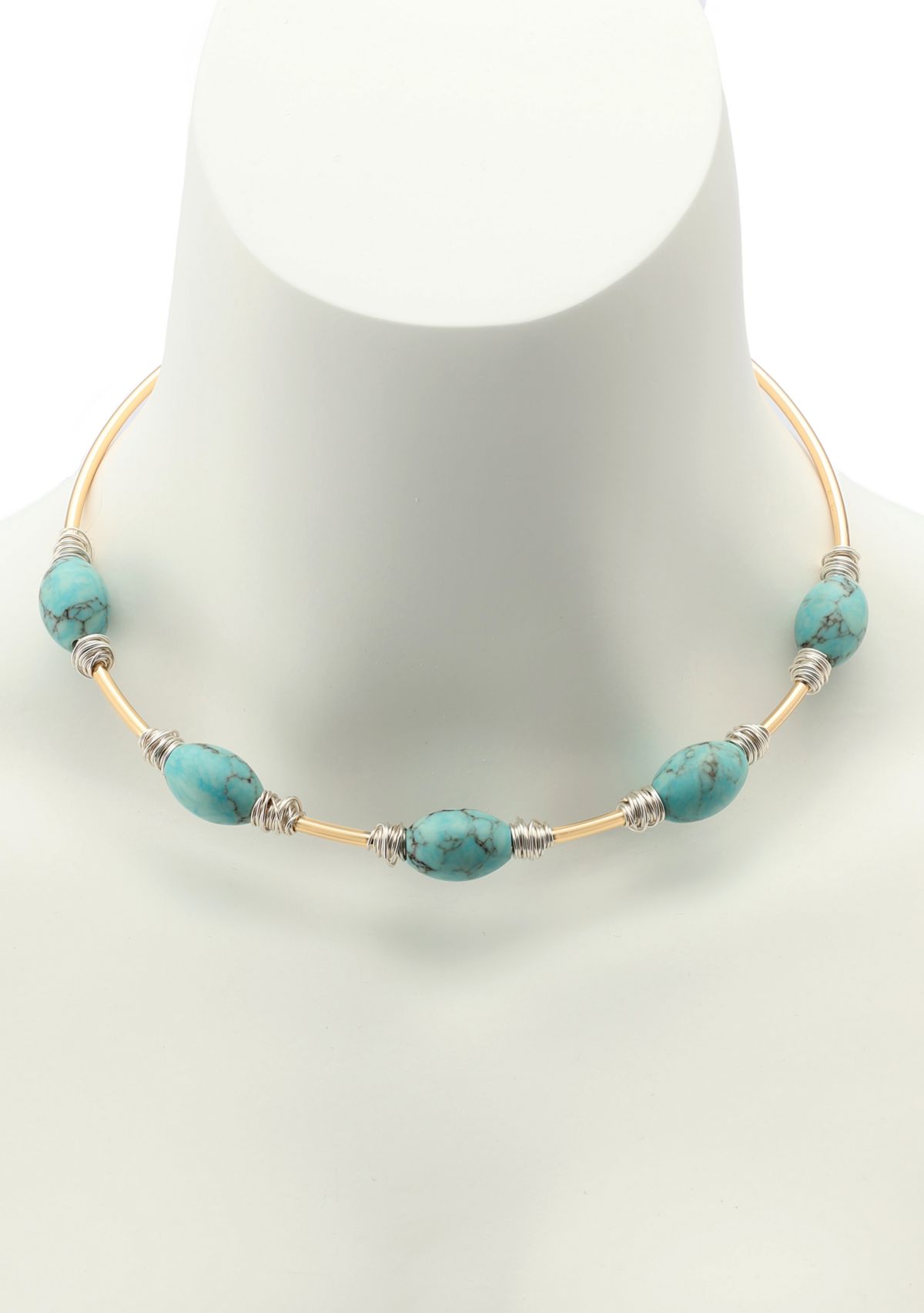 Turquoise Stone Bead Wire Collar Necklace