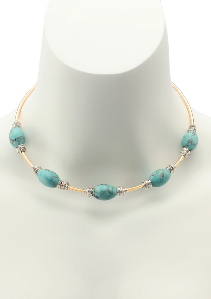 Turquoise Stone Bead Wire Collar Necklace