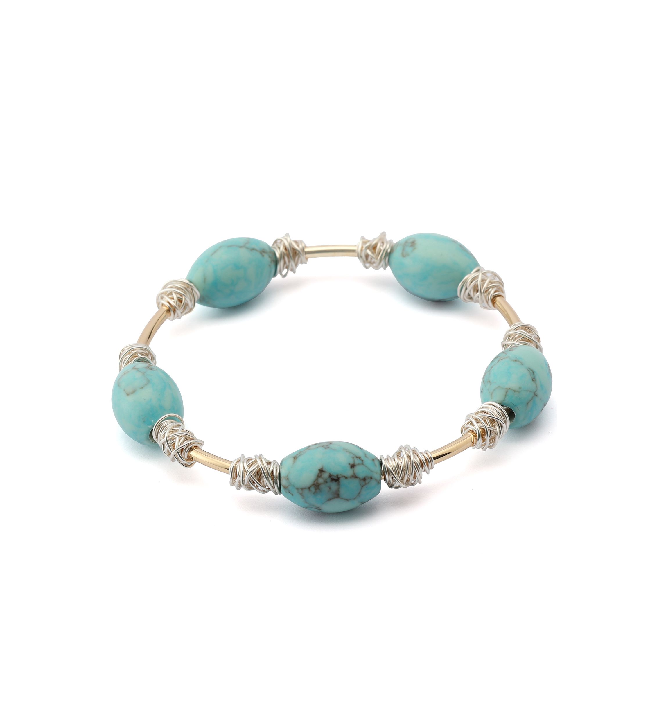 Turquoise Stone Bead Wire Bangle Bracelet