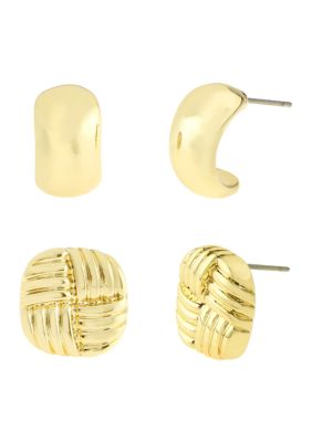 Steve Madden Vintage Ribbed Stud & Huggie Duo Earring Set, Gold