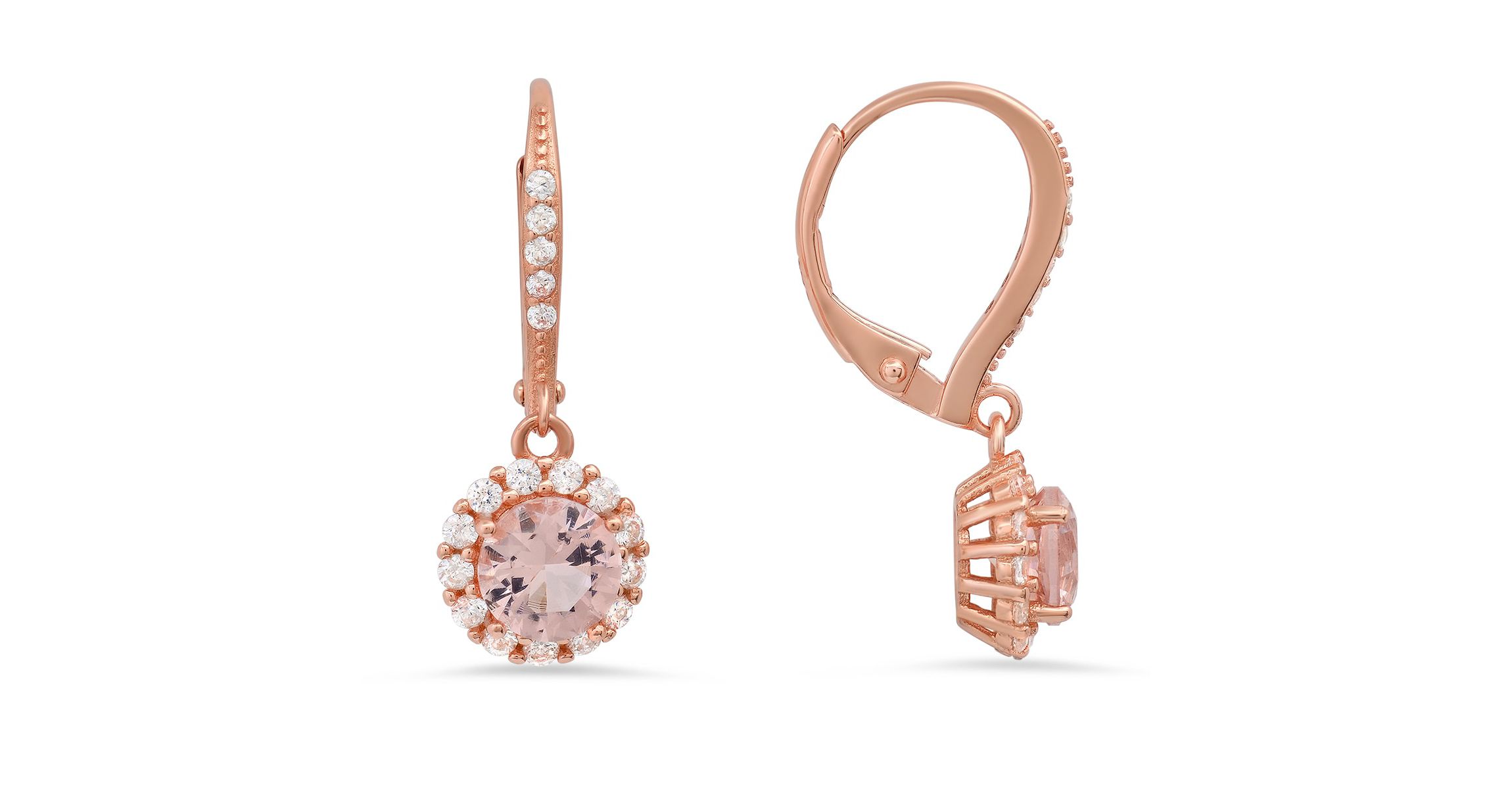 Lab Created 14k Rose Gold Over Silver Morganite CZ Halo Leverback Earrings