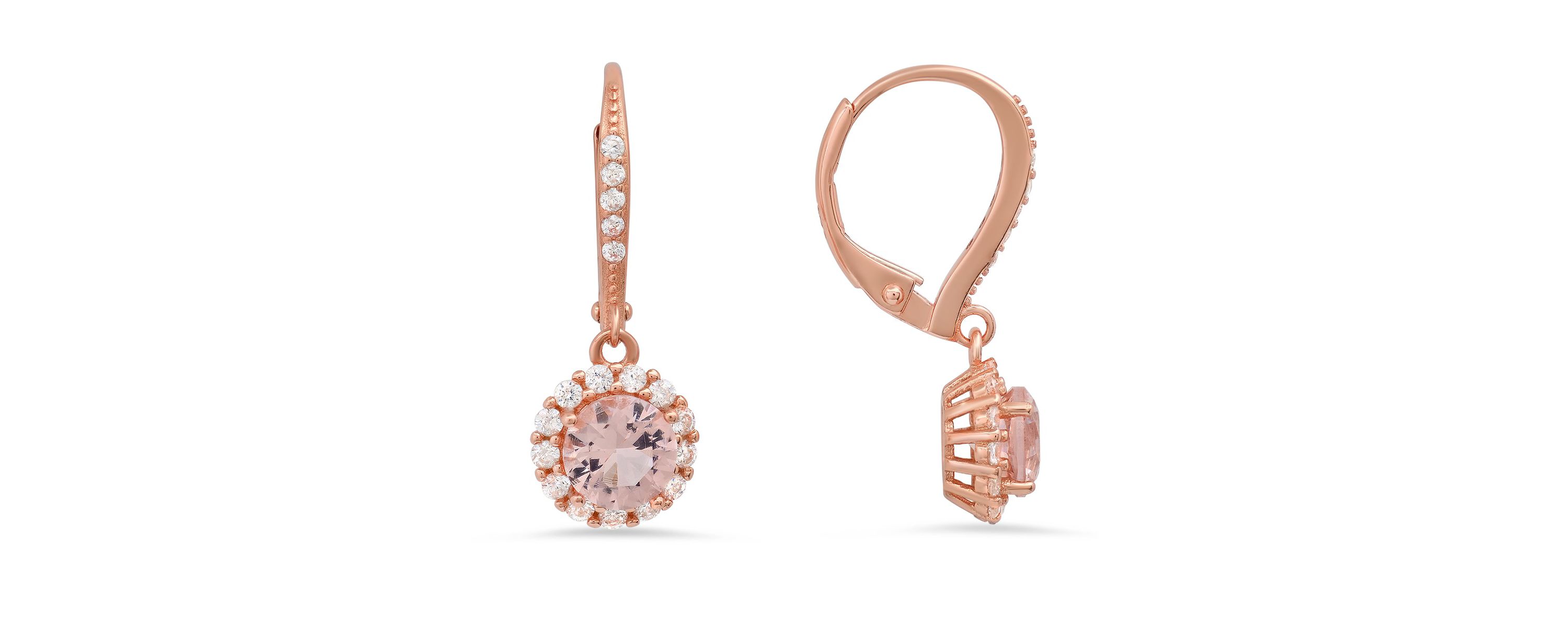 Lab Created 14k Rose Gold Over Silver Morganite CZ Halo Leverback Earrings