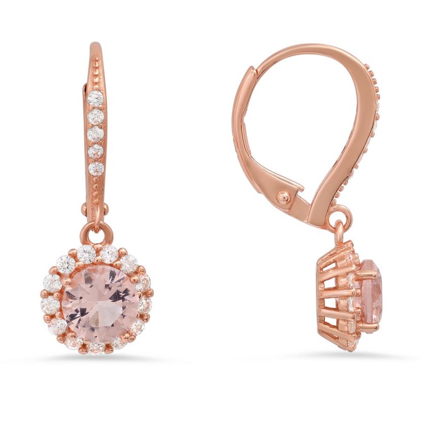 Lab Created 14k Rose Gold Over Silver Morganite CZ Halo Leverback Earrings