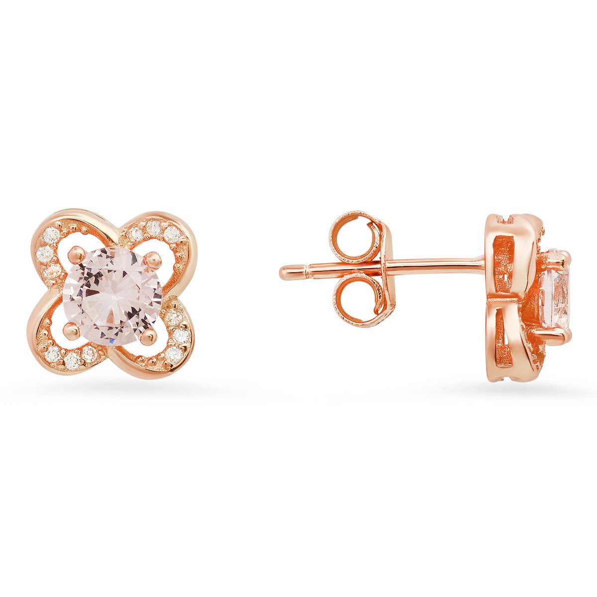 Lab Created 14k Rose Gold Over Silver Morganite CZ Flower Stud Earrings