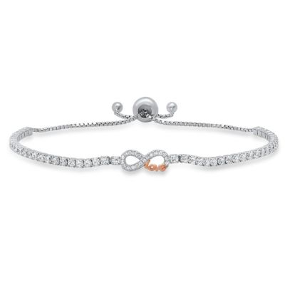 Lab Created Sterling Silver Petite Two-Tone "Love" Infinity CZ Adjustable Bracelet