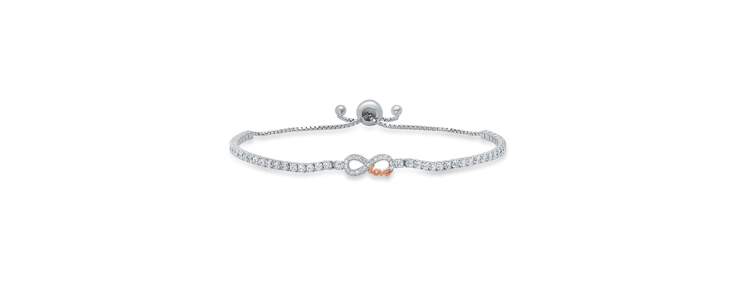 Lab Created Sterling Silver Petite Two-Tone "Love" Infinity CZ Adjustable Bracelet