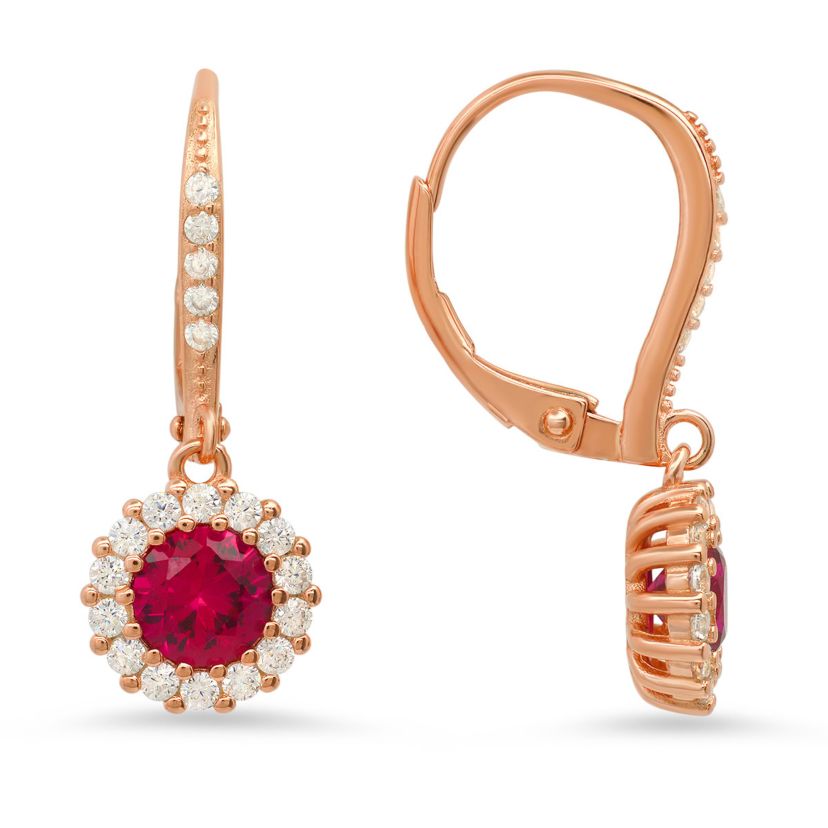 Lab Created 14k Rose Gold Over Silver Ruby CZ Halo Leverback Earrings