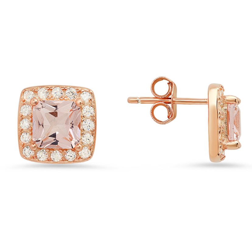 Lab Created 14k Rose Gold Over Silver Morganite CZ Halo Stud Earrings