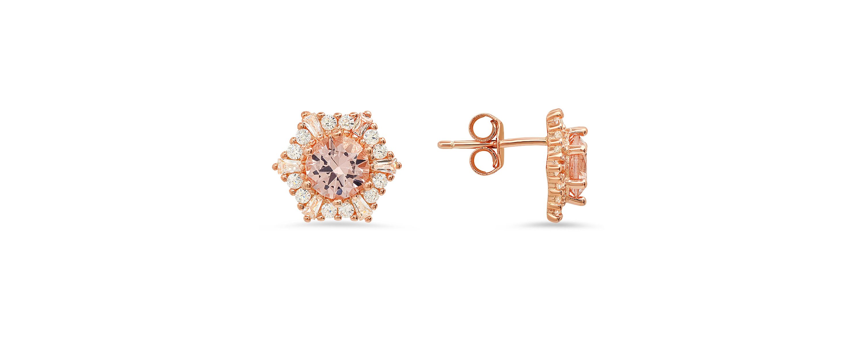 Lab Created 14k Rose Gold Over Silver Hexagon Morganite CZ Halo Stud Earrings