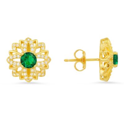 Kylie Harper Lab Created 14k Yellow Gold Over Silver Emerald CZ Floral Stud Earrings