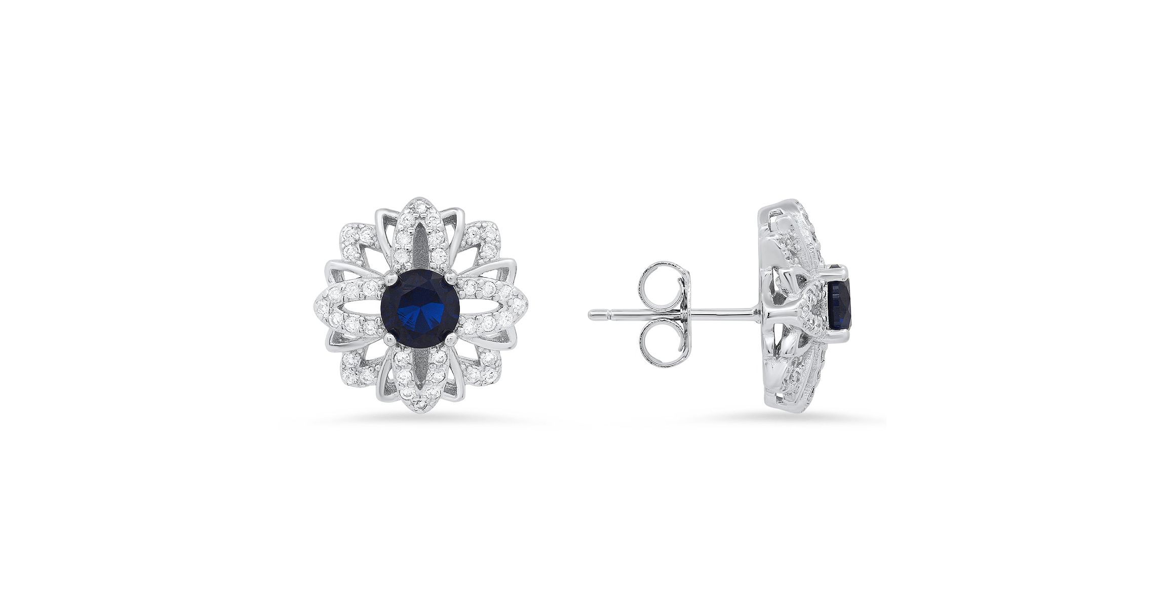 Lab Created Sterling Silver Sapphire CZ Floral Stud Earrings