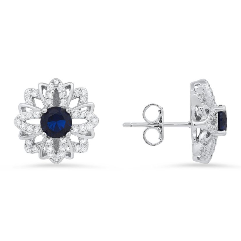 Lab Created Sterling Silver Sapphire CZ Floral Stud Earrings