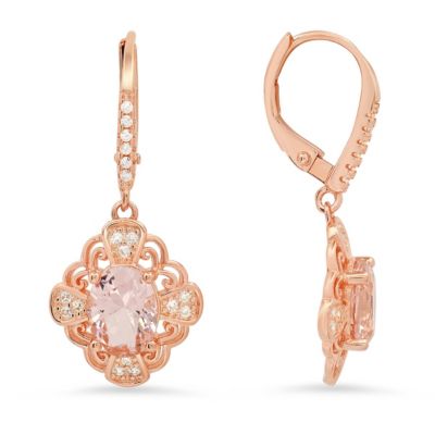 Kylie Harper Lab Created 14k Rose Gold Over Silver Vintage Filigree Morganite CZ Leverback Earrings