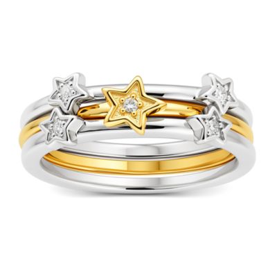 Kylie Harper Sterling Silver Two-Tone Diamond Stars 3pc Stackable Ring Set - 1/20 TDW, 7