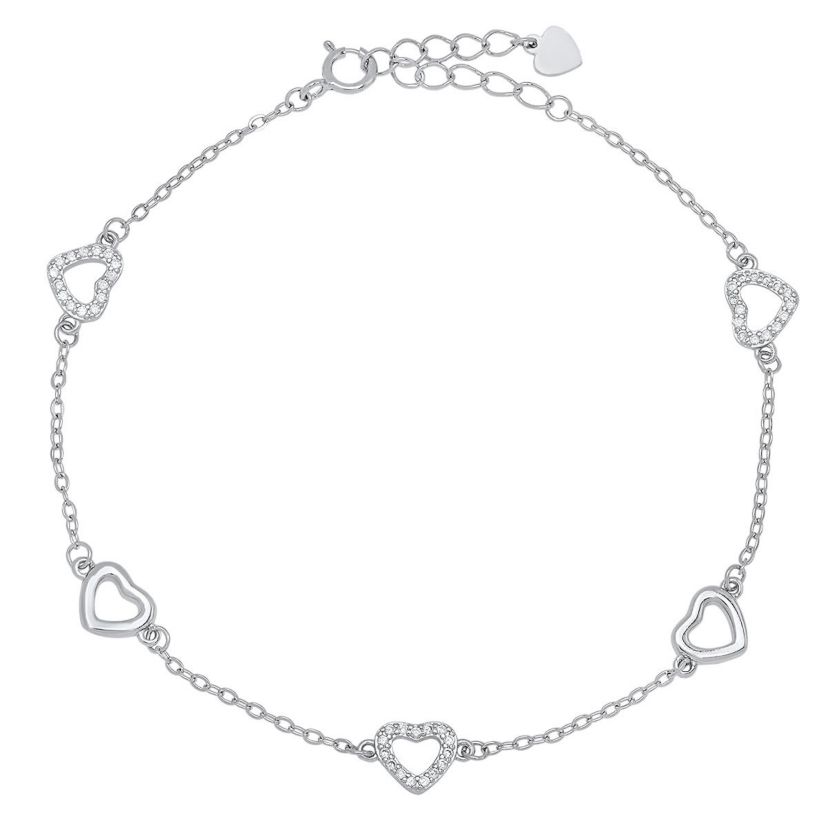 Lab Created Sterling Silver CZ Heart Station Bracelet