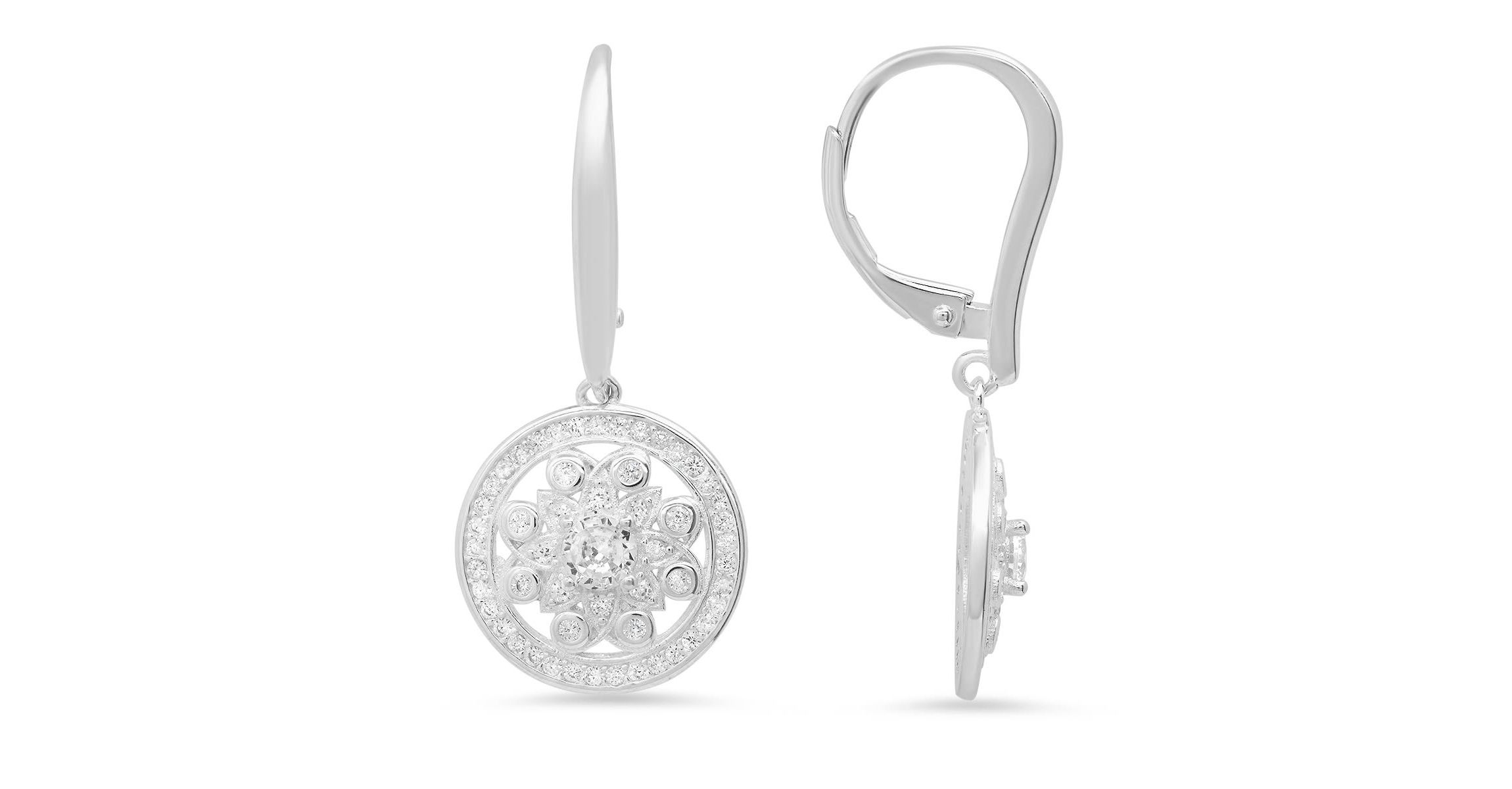 Lab Created Sterling Silver Dangling CZ Flower Leverback Earrings