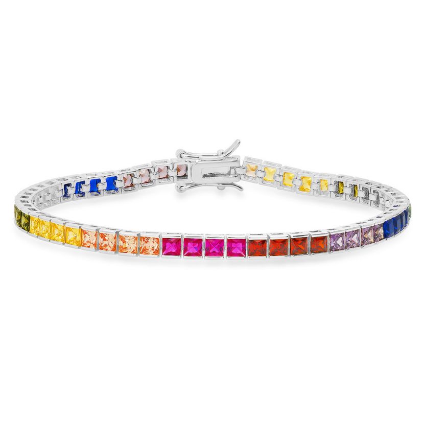 Lab Created Sterling Silver Multi-color Princess-cut CZ Tennis Bracelet