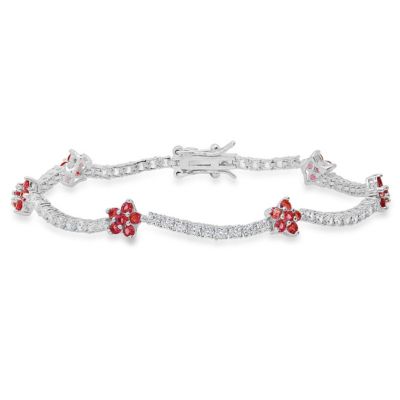 Kylie Harper Lab Created Sterling Silver CZ Pink Sapphire Floral Station Tennis Bracelet, 7.25 in