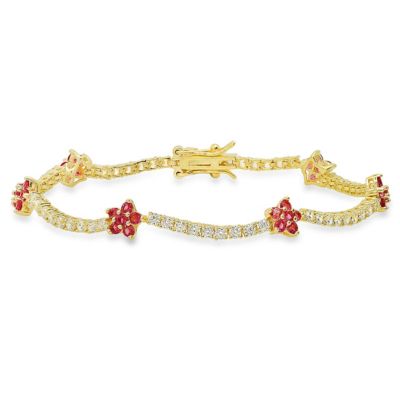 Kylie Harper Lab Created Sterling Silver CZ Pink Sapphire Floral Station Tennis Bracelet, Gold, 7.25 in