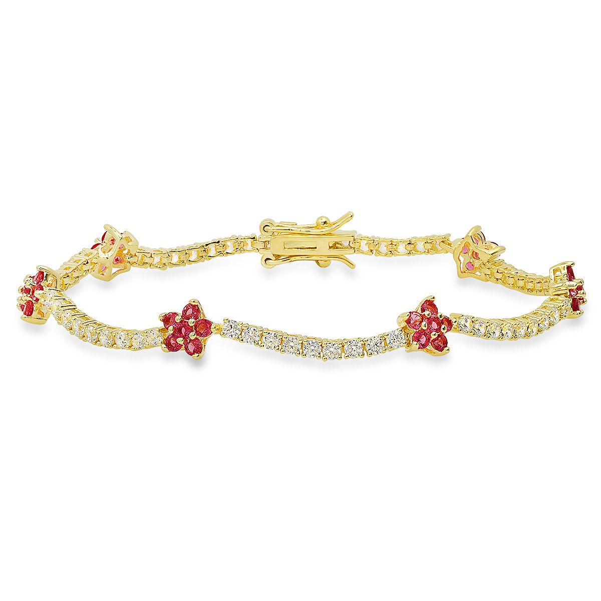 Lab Created 14k Gold Over Silver CZ Pink Sapphire Floral Station Tennis Bracelet