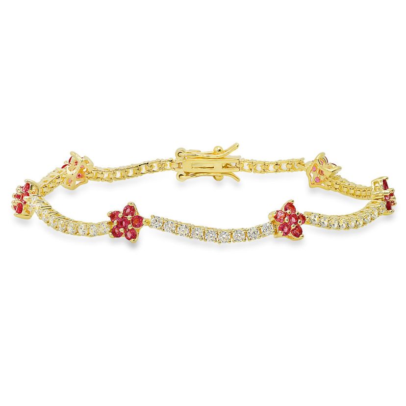 Lab Created 14k Gold Over Silver CZ Pink Sapphire Floral Station Tennis Bracelet