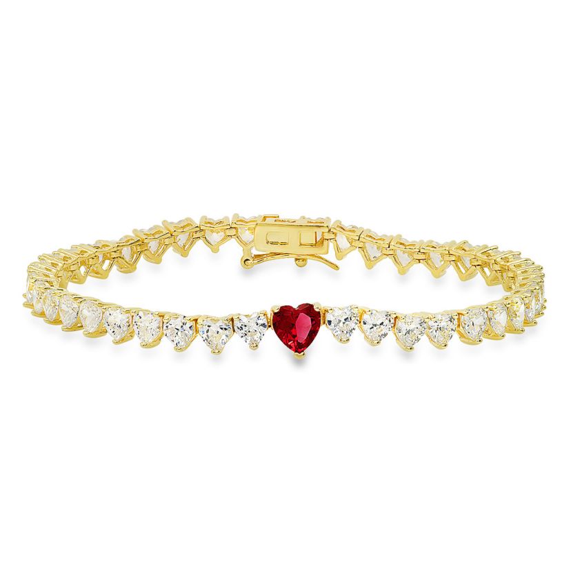 Lab Created 14k Gold Over Silver Ruby CZ Heart-cut Tennis Bracelet