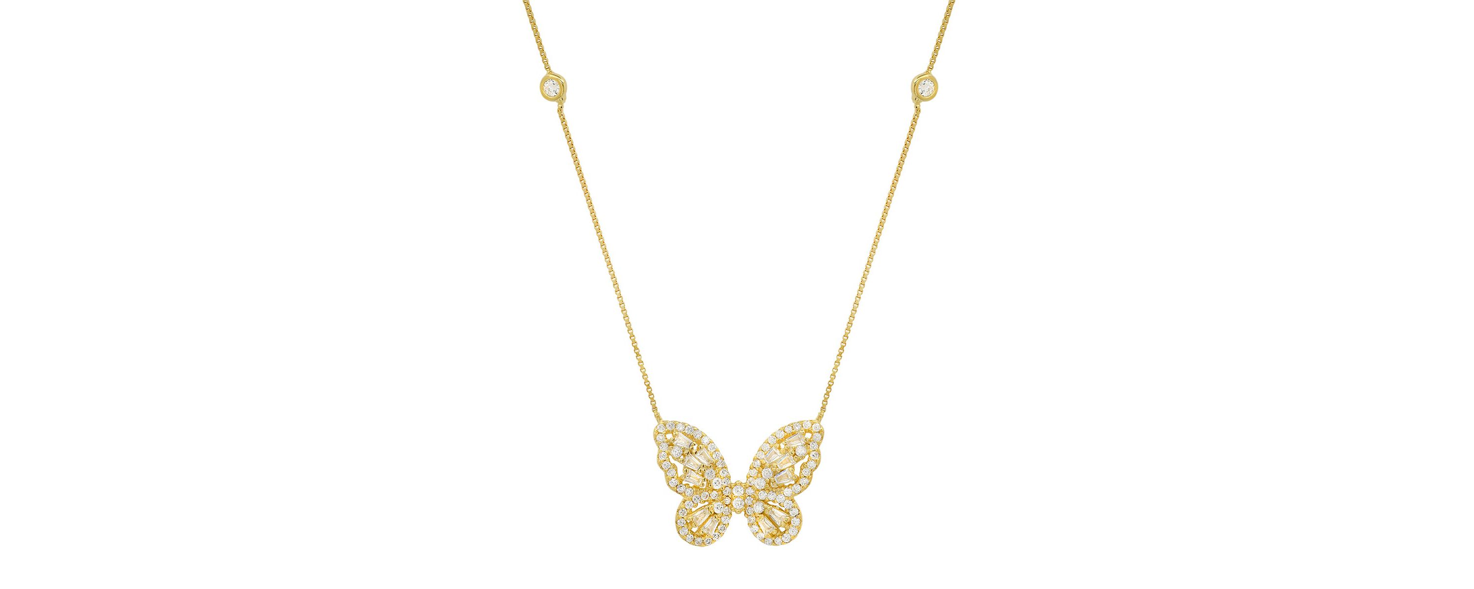 Lab Created Sterling Silver Baguette-cut Butterfly Station Necklace