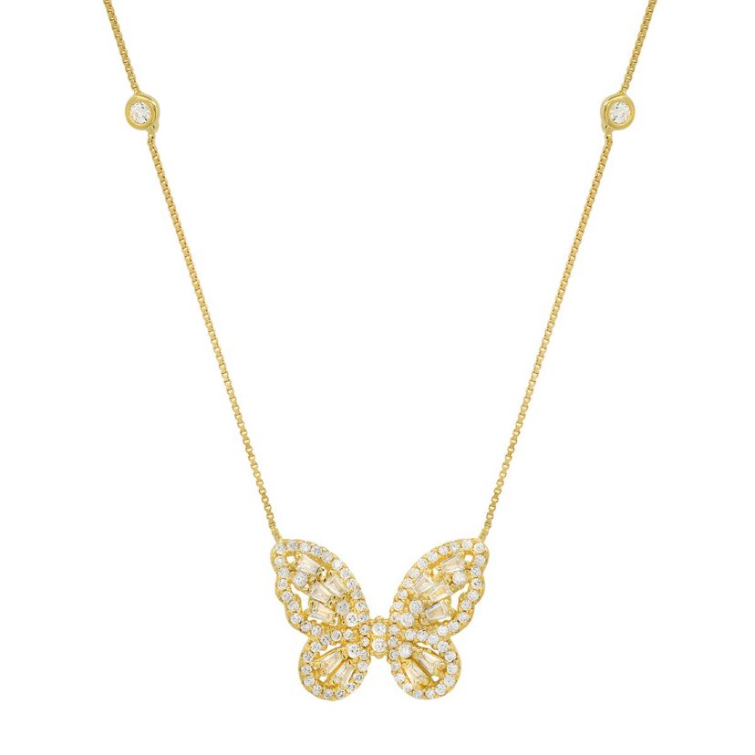 Lab Created Sterling Silver Baguette-cut Butterfly Station Necklace