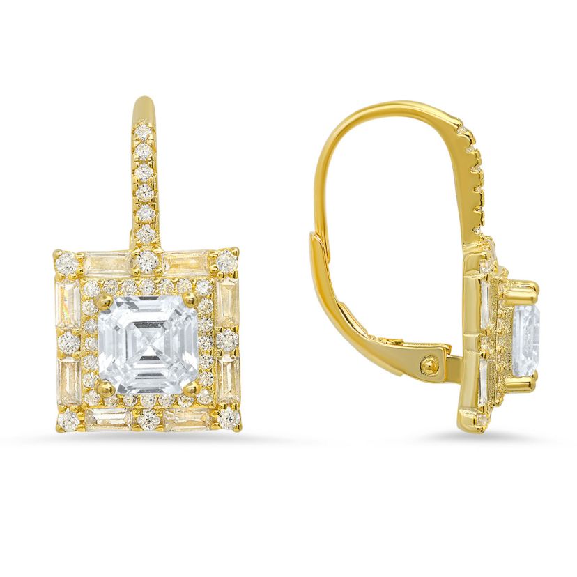 Lab Created Sterling Silver Asscher-cut Halo CZ Leverback Earrings